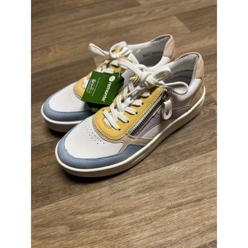 Remonte Women Pastel Colorblock Leather Sneakers Side Zip Low Top White Yellow - Picture 6 of 9